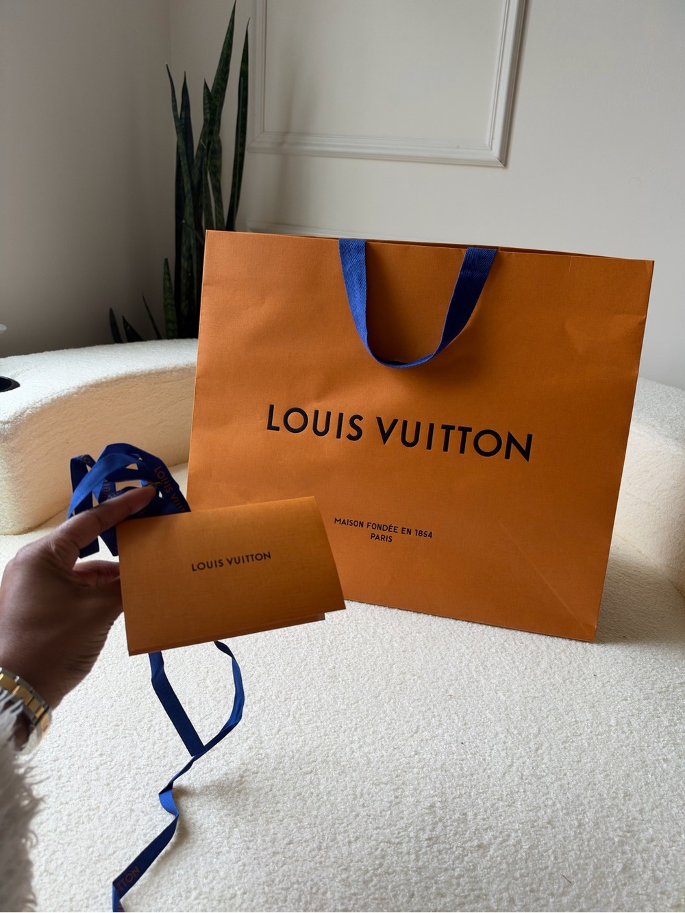 Louis Vuitton Orange Gift Bag with Card and Blue Ribbon